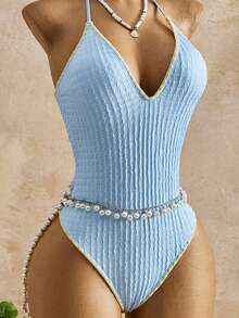 SHEIN Swim Mod 女士春夏新款黄色纹理面料浅蓝色花卉饰边V领露背吊带连体泳衣 - 藍色 - 查看 5