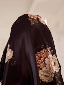 LuxeNights Floral Print Silk Trim Cardigan Pajama Set For Women - Black - View 4