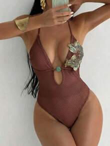 Swim SXY 女士性感度假亮片珍珠花卉网纱连体泳衣 - 棕色 - 查看 1