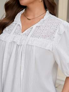 Rosumi Plus Size Women Embroidered Casual Versatile Daily Wear Shirt Gym Brown Summer - White - View 2