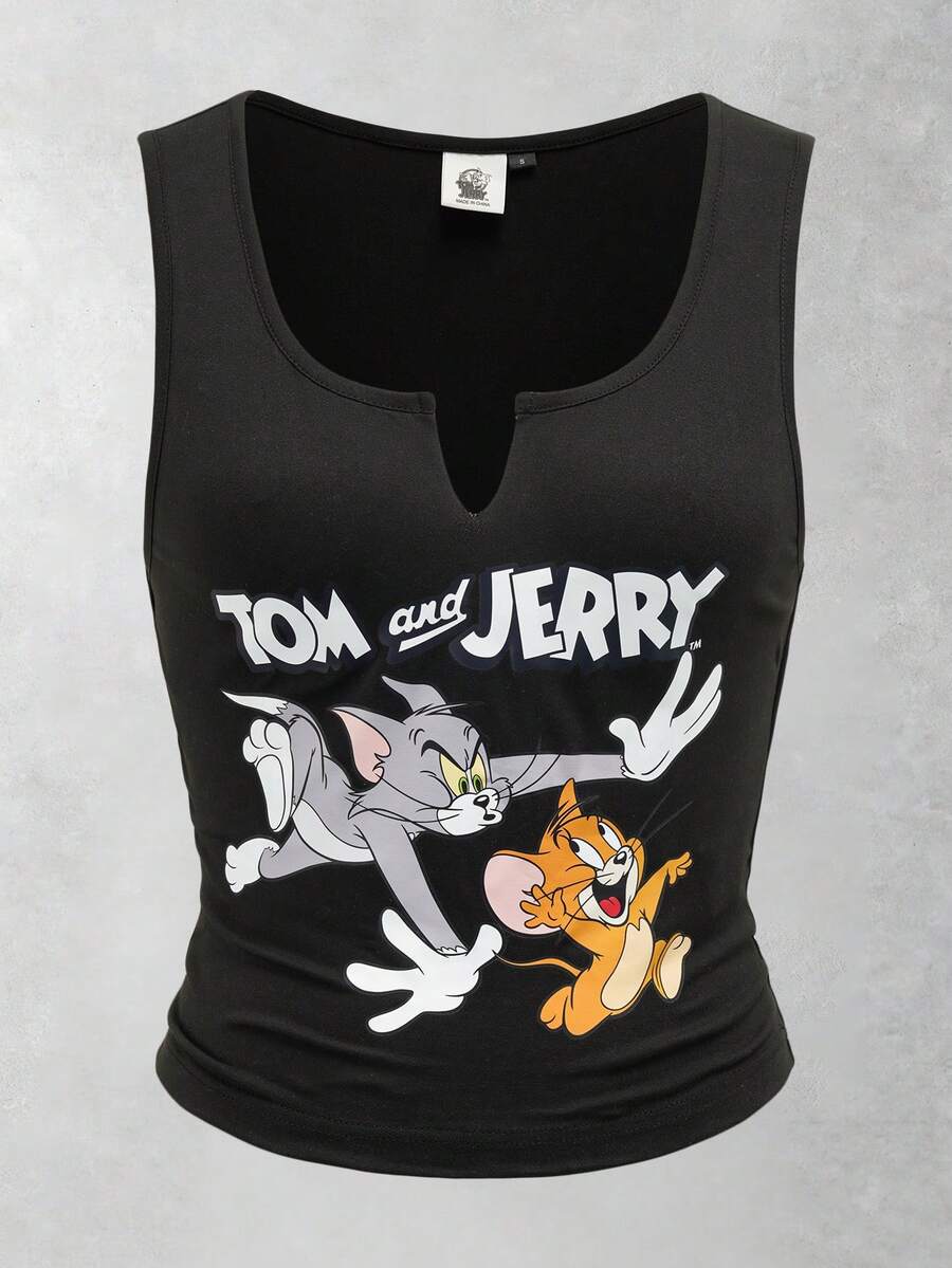 TOM & JERRY X SHEIN Áo tank top nữ cổ chữ V in hình hoạt hình, kiểu dáng thường ngày. - màu đen - Xem 1