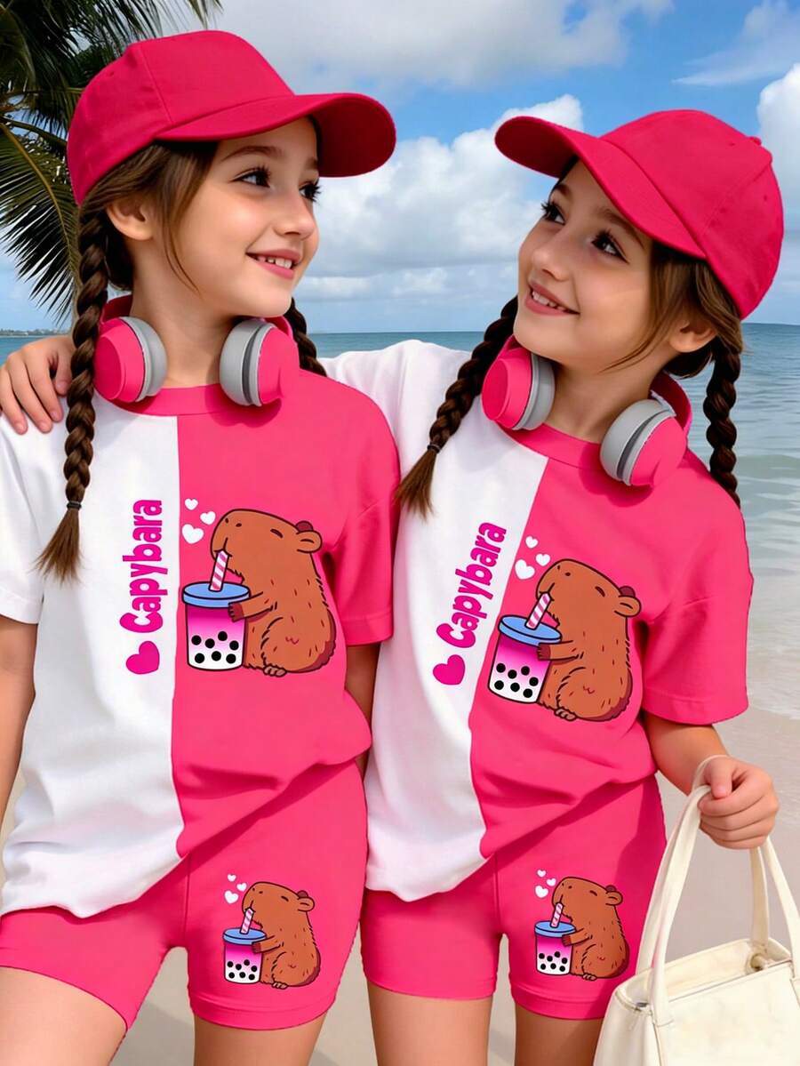 SHEIN Bộ đồ thời trang màu hồng dễ thương hoạt hình trà sữa bong bóng màu xanh cho bé gái mới biết đi + quần đùi đạp xe - Nhiều màu - Xem 1
