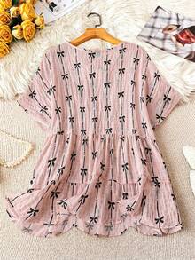 SHEIN LUNE Plus Size Women Bow Print Short Sleeve Round Neck Blouse - Pink - View 2