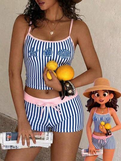 Swim Vcay مجموعة من قطعتين للنساء: توب كامي بياقة مستديرة مطبوع بنقشات النجوم البحرية والأصداف والزهور مع شورت شورت للبكيني