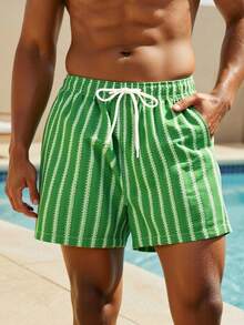 Azuldrift 男士条纹抽绳腰带口袋沙滩短裤 - 綠色 - 查看 3