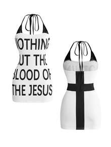 ROMWE Vestido Curto Colado Decote Halter com Estampa de Cruz e Renda Contrastante, Slogan Y2K Baddie - Branco - Visão 1