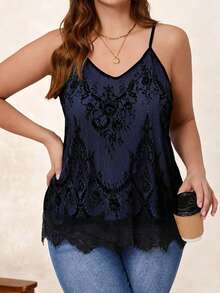 Chikora 大码女式花卉蕾丝吊带背心 - 藍色 - 查看 3