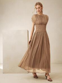 Anewsta Elegant Modern Textured Waist Ruched Dress For Women - Khaki - View 5