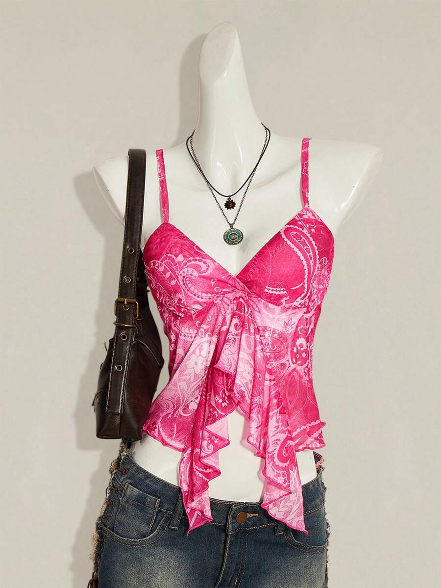 SHEIN ICON 女士碎花系带吊带背心,适合海滩度假和约会 - 粉色 - 查看 1