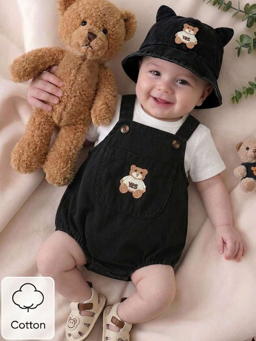 SHEIN Playful Pals 新生兒黑白配色夏季休閒家庭套裝 熊圖案貼布牛仔吊帶褲與素色T恤套組 寬鬆版型 日常活動穿搭 - 黑色 - 查看 1