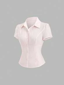 SHEIN Sweetro 女士纯色短袖单排扣休闲衬衫，春夏款 - 粉色 - 查看 1