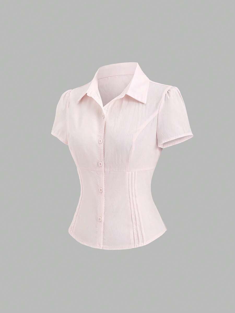 SHEIN Sweetro 女士纯色短袖单排扣休闲衬衫，春夏款 - 粉色 - 查看 1