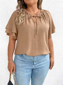 EMERY ROSE Áo kiểu nữ cỡ lớn màu trơn cổ buộc dây, viền bèo nhún, tay ngắn, kiểu dáng thường ngày. - Màu Khaki - Xem 1