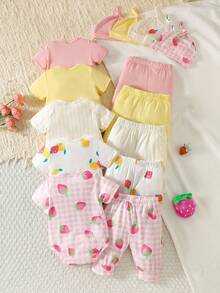 SHEIN 5件套新生儿男女通用可爱套装，连体衣+裤子+帽子，夏季 - 彩色 - 查看 2