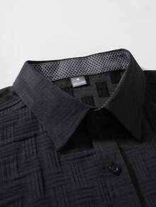 Manfinity Mode Men's Contrast Trim Button Front Short Sleeve Patchwork Shirt, Summer, Formal - Black - View 4