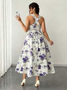 Elenzga 大码女式优雅印花高弹力面料吊带裹身系带腰部蝴蝶结褶皱长裙，百搭设计，适合派对、音乐节、休闲、度假、约会之夜、情人节等场合。 - 彩色 - 查看 2