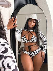 Bare Chapter Bộ bikini và áo choàng 3 món cỡ lớn họa tiết da bò gợi cảm. - Đen và trắng - Xem 3