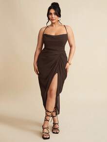 SHEIN BAE Plus Size Women's Summer Textured Sexy Split Thigh Formal Dress,Summer Dresses For Women,Wedding Guest Dress Women - Brown - View 1