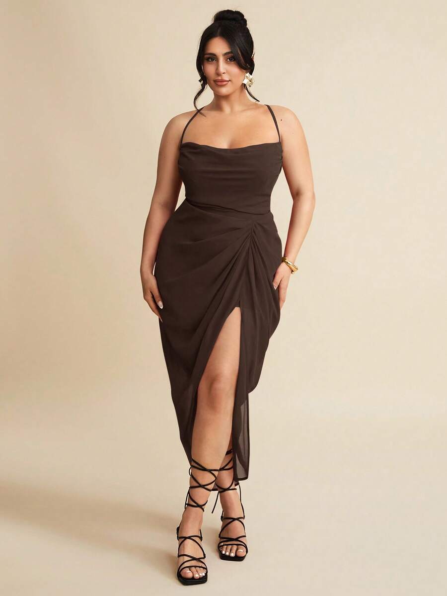 SHEIN BAE Plus Size Women's Summer Textured Sexy Split Thigh Formal Dress,Summer Dresses For Women,Wedding Guest Dress Women - Brown - View 1