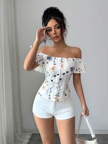 SHEIN Elenzya 露肩收腰印花休闲衬衫 - 彩色 - 查看 3
