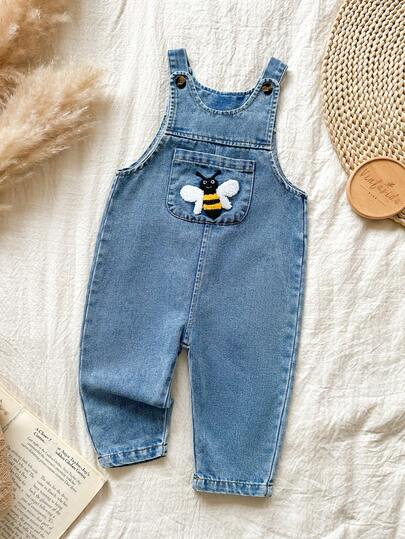Vintaside Kids Babygirl Infant Sleeveless Fashionable & Simple Western-Style Towel Embroidered Washed Denim Jumpsuit, Suitable For Camping And Home Wear, Comfortable And Suitable For Autumn Season, Practical And Stylish For Leisure Time Outdoors Or At Home