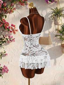 Amplova 女士蕾丝拼接双层荷叶边镂空吊带连衣裙，适合生日、约会、度假等场合 - 白色 - 查看 10