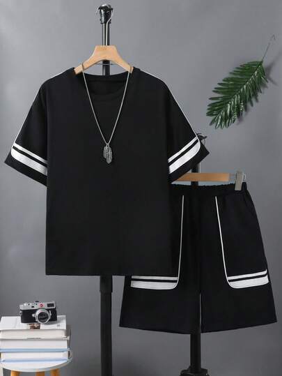 2pcs/Set Teenage Boys' Fashionable Black T-Shirt And Shorts Set, Soft Fabric, Comfortable, Suitable For Outing, Photography, School, Sports And Various Occasions, Stylish And Cool Summer Essential