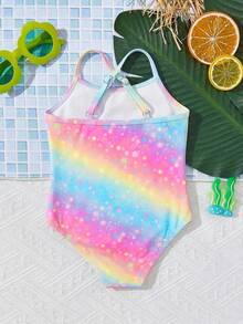 Baby Girl Floral Print Striped Flutter Sleeve One-Piece Swimsuit, Suitable For Beach Vacation, Pool Party, Beach Party,Kids - Multicolor - View 4