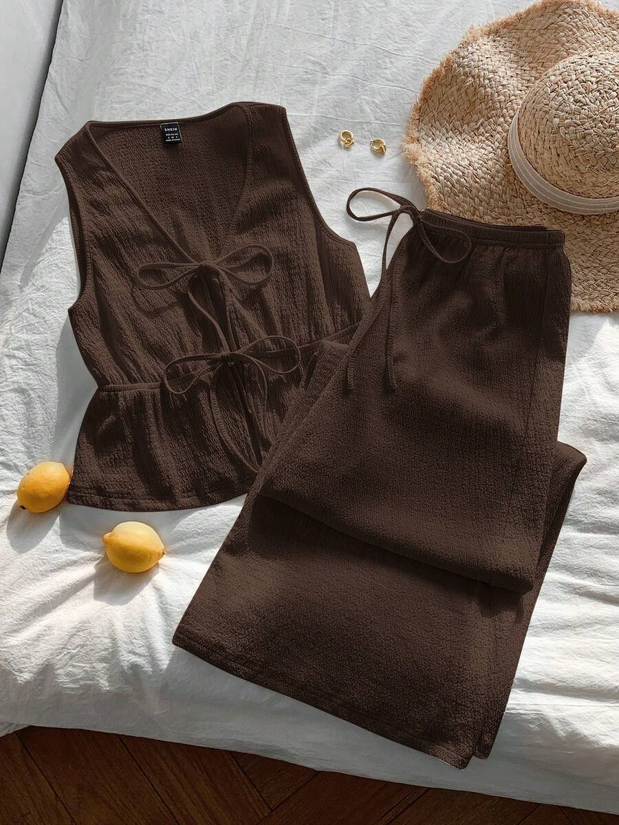 SHEIN EZwear 大码女式纯色系带背心和裤子休闲两件套 - 巧克力棕 - 查看 1