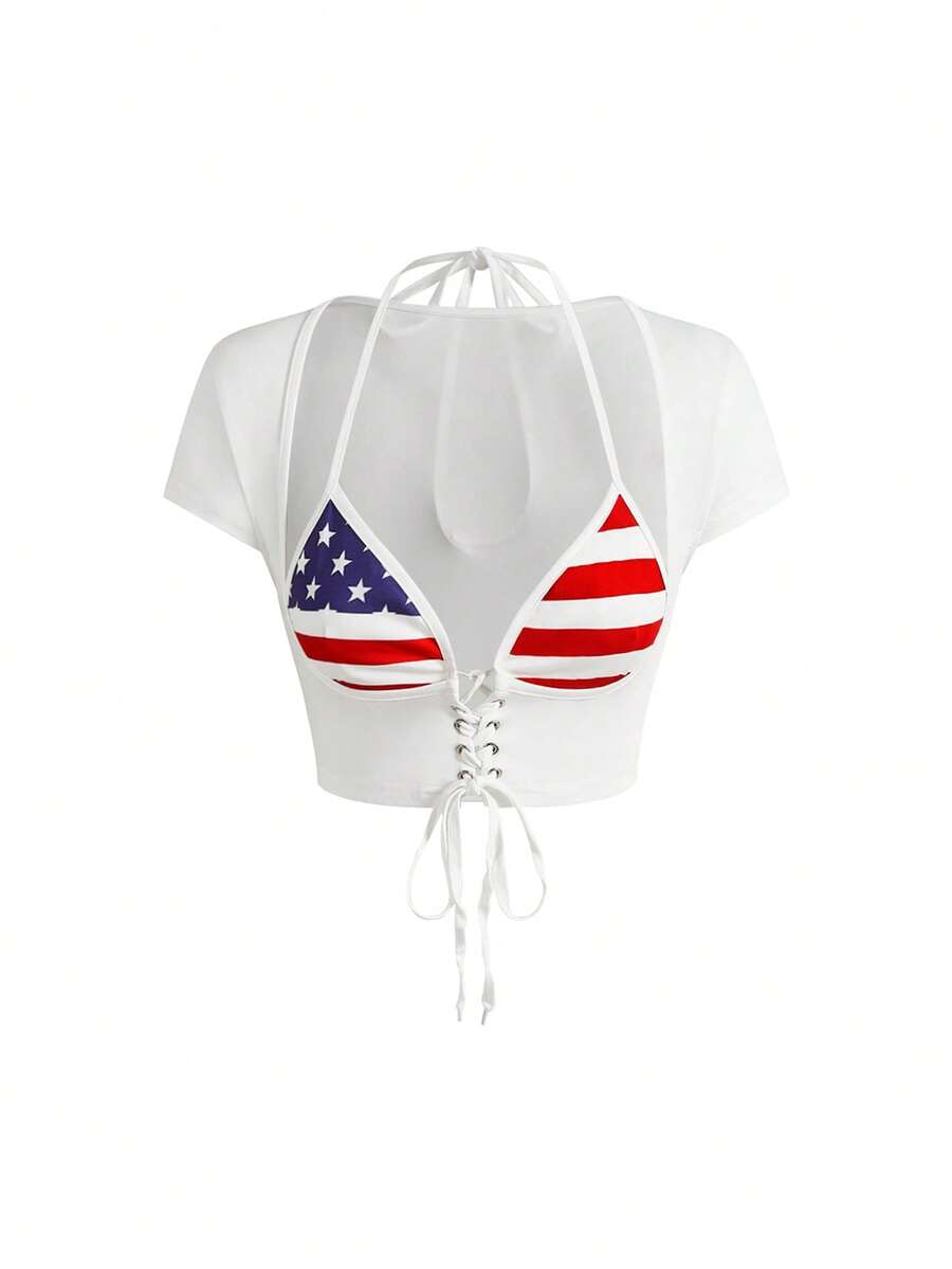 ROMWE Avant Camiseta de cuello alto con estampado de bandera estadounidense y parches, de ajuste ceñido - Multicolor - Ver 1