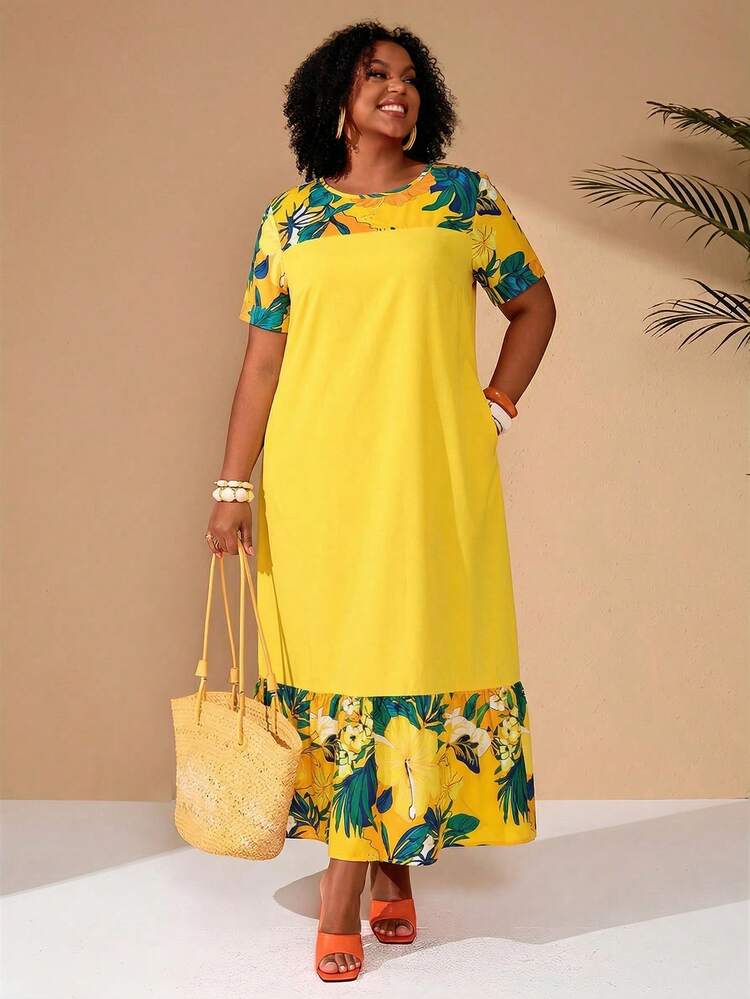 Plus Size Women Floral Print Casual Vacation Party Dress