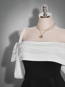 SHEIN ICON 大码女式蝴蝶结装饰黑白撞色露肩连衣裙 - 黑與白 - 查看 5