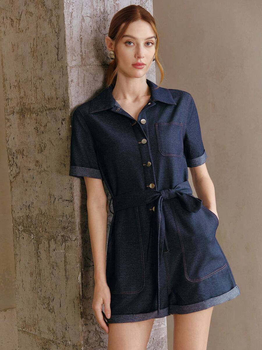 Anewsta Women's Elegant Navy Blue Summer Casual Jumpsuit, Short Sleeve Shirt Collar, Metal Buckle, Adjustable Cinched Waist, Dual Pockets, Mother's Day Vacation Wear - Navy Blue - View 1