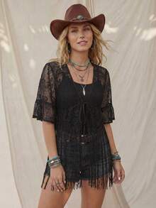 Wildy 美式休闲西部乡村蕾丝流苏音乐节女式夏季基础款日常通勤短袖上衣 - 黑色 - 查看 5