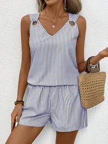 EMERY ROSE Conjunto casual de 2 piezas sin mangas con cuello en V y rayas para mujer - Azul - Ver 6