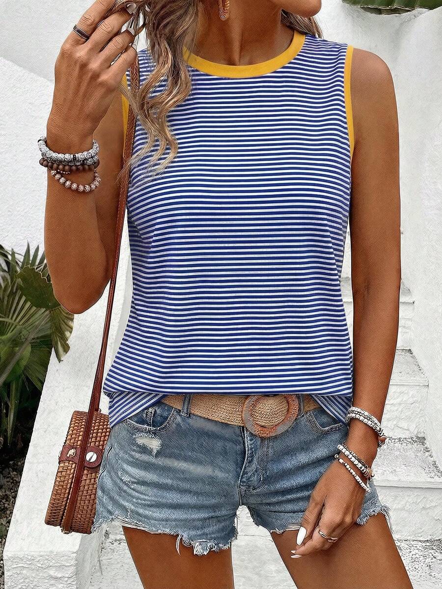 EMERY ROSE Women's Spring/Summer New Arrival Striped Print Contrast Trim Casual Versatile Plus Size Tank Top - Multicolor - View 1