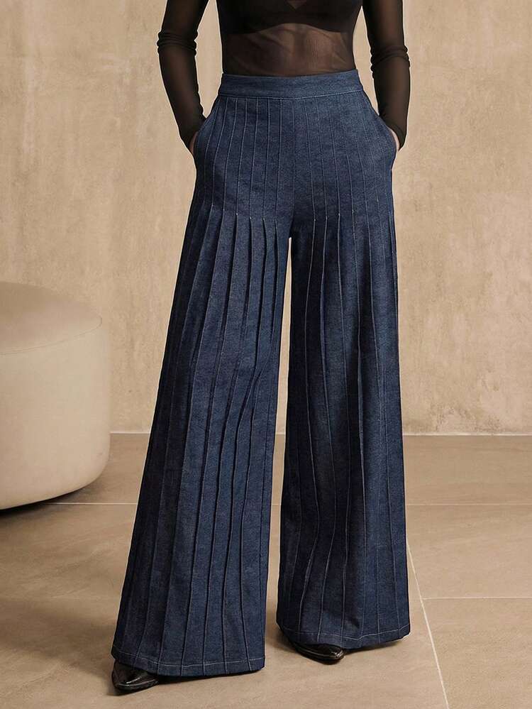 Women's Elegant Vacation, Valentine's Day, Women's Day, Mother's Day, Birthday, Evening Date Retro Denim Effect Wide Leg Pants, Pleated Wide Leg Pants, Retro Fashion Wide Leg Denim Effect Trousers