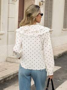 SHEIN PETITE Mẫu áo sơ mi cổ bẻ tay dài, viền bèo nhún và điểm nhấn thắt nơ, phối bèo nhún tương phản, kiểu dáng đơn giản, thoải mái, thích hợp cho công sở. - trắng - Xem 2