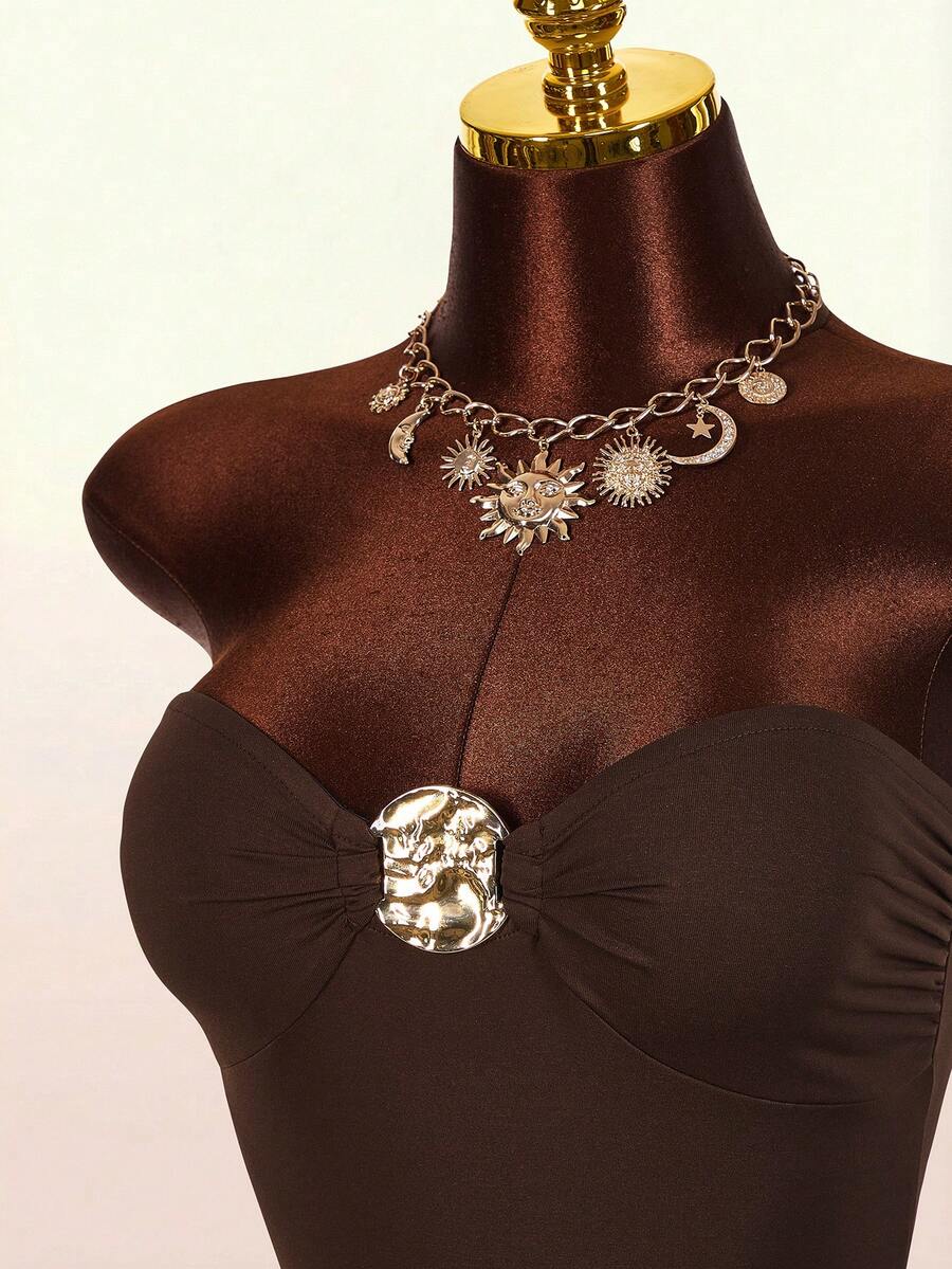 Amplova 新款女士无肩带金属棉混纺性感优雅连体衣 - 棕色 - 查看 1