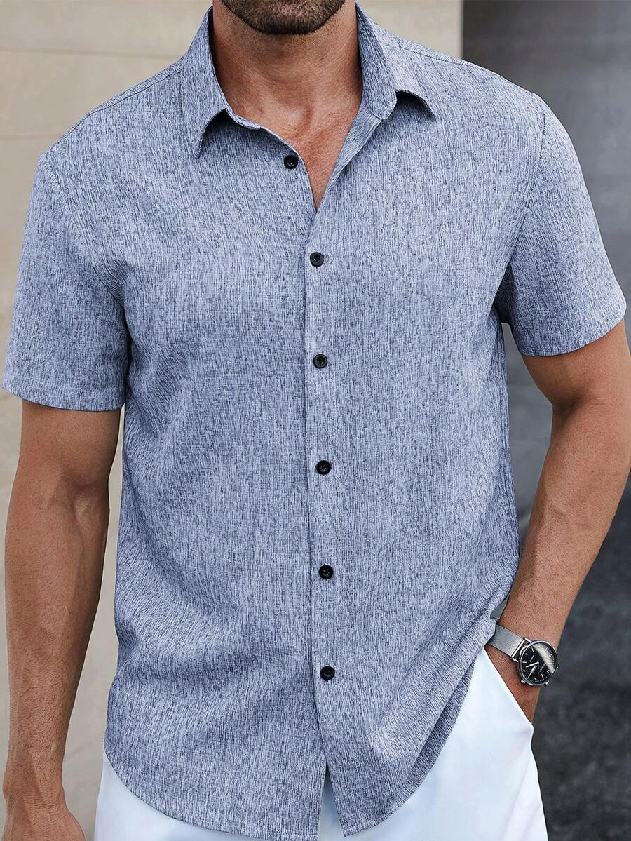 Manfinity Homme Manfinity CasualCool Men's Linen Striped Short-Sleeved Shirt For Daily Commute In Summer - Baby Blue - View 1