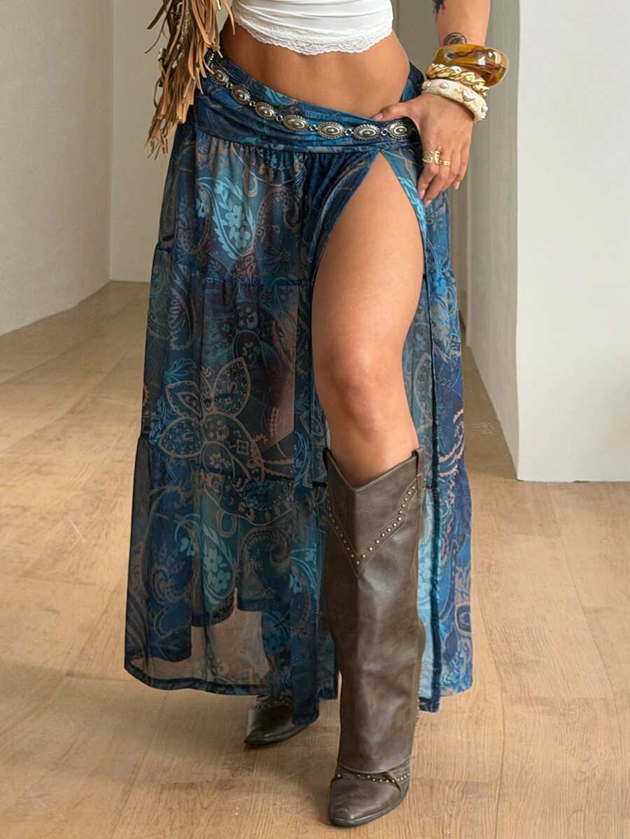 Coolane 女士印花网纱开衩长裙 - 藍色 - 查看 1