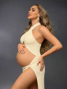 Cheriluna Maternity 孕妇纯色交叉镂空侧开衩吊带连衣裙 - 杏色 - 查看 6