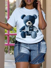 Slaydiva Plus Size Women Cartoon Print Short Sleeve Top And Shorts Casual 2 Pieces Set - Baby Blue - View 8