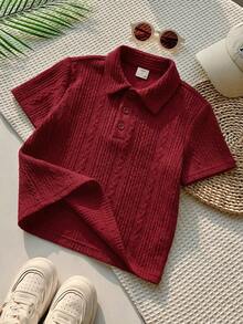 SHEIN 1pc Young Boys Textured Polo Shirt,Summer 80s Retro Short-Sleeved Casual Top For Kids,Matching Family Vacation Outfit,Back To School Burgundy Tee - Multicolor - View 4