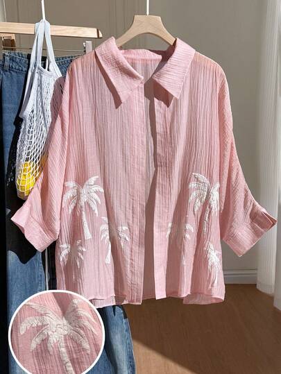 Comfortcana Camisa holgada casual con estampado de palmeras para mujer de talla grande