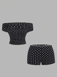 SHEIN Unity 女士休闲波点印花三合一上衣和低腰紧身短裤两件套，时尚百搭，适合日常穿着、派对和夏季通勤 - 黑與白 - 查看 4