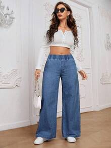 EMERY ROSE Plus Size Women Casual Versatile Elastic Waist Baggy Jeans - Medium Wash - View 4