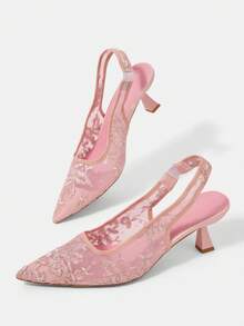 CUCCOO HITCHD 女士时尚蕾丝刺绣尖头高跟鞋，透明绑带，适合空伴娘婚礼鞋 - 淺粉色 - 查看 6