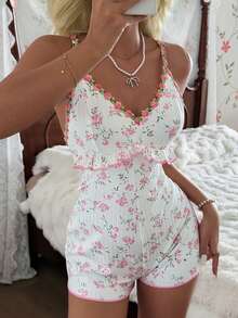 Lace Ditsy Floral Camisole Jumpsuit, Fresh And Sweet Loungewear - Pink - View 3