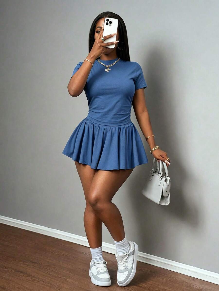 Slaydiva Casual Minimalist Solid Blue Plus Size 2 Pieces Set, Suitable For Summer - Blue - View 1